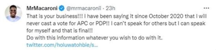 
2023: I’ll Never Vote For APC, PDP – Mr. Macaroni 