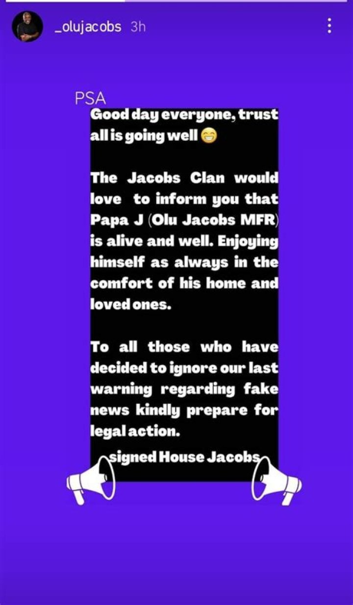 
Olu Jacobs Debunks Death News, Issues Out A PSA 