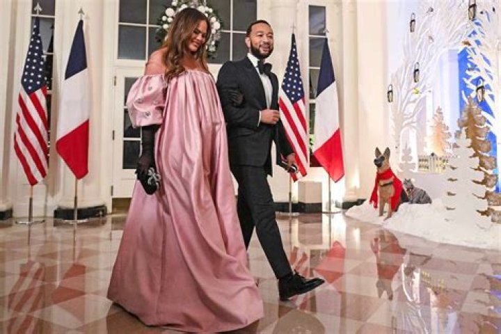 
Pregnant Chrissy Teigen Shows Baby Bump in Pink Off-the-Shoulder Gown at White House State Dinner 