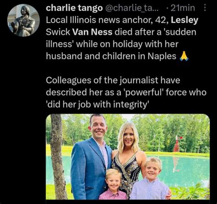 What happened to Lesley Swick Van Ness? Tributes pour in as former Illinois anchor dies on vacation aged 42